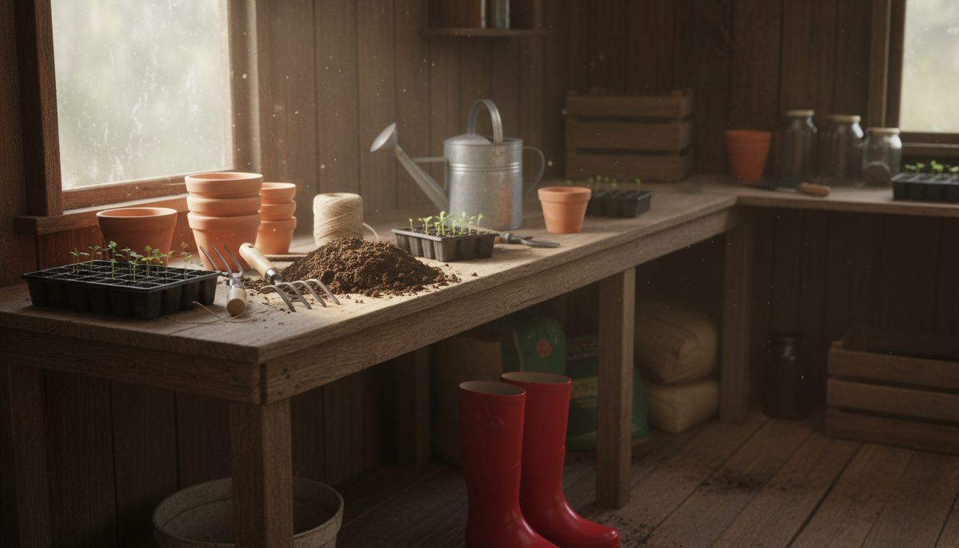 A potting bench with hand tools, seed trays and terracotta pots, and a pair of red wellies beside it