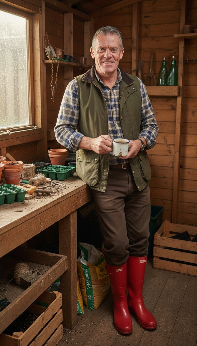 Kevin in his potting shed with a cup of tea